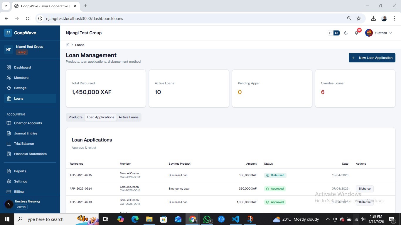CoopWave loans page — loan applications with approval status and disbursement controls